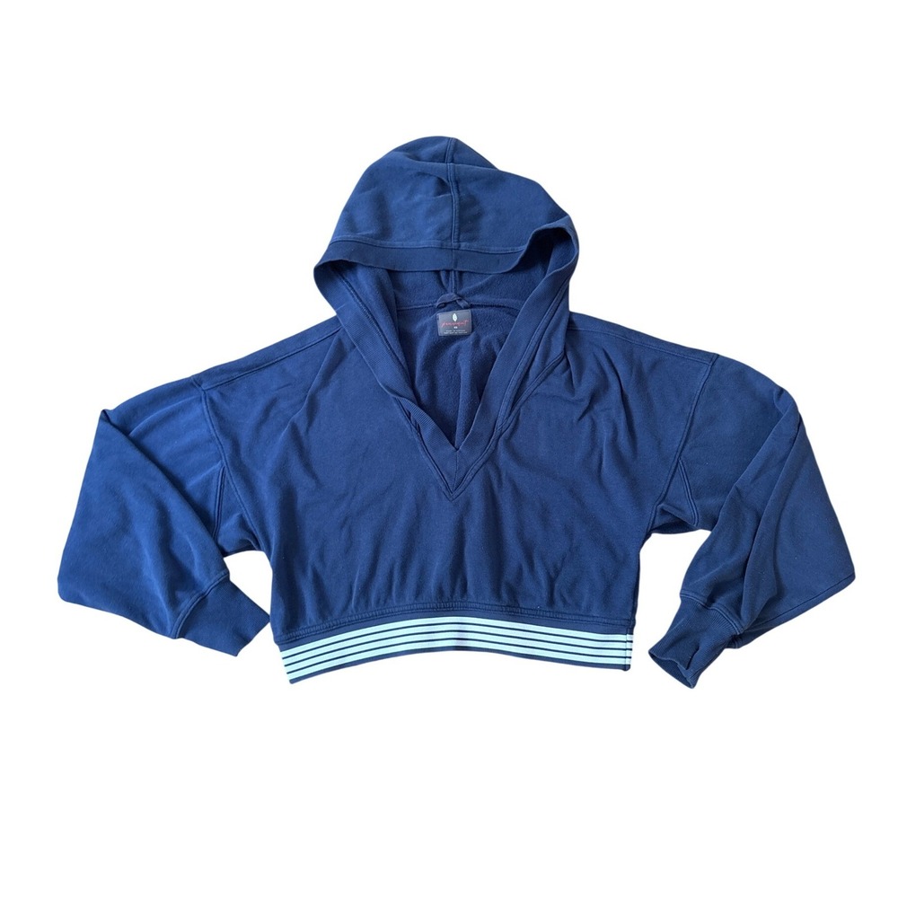 Free People Movement Hoodie Women Blue Cropped V-Neck Striped SIZE XS